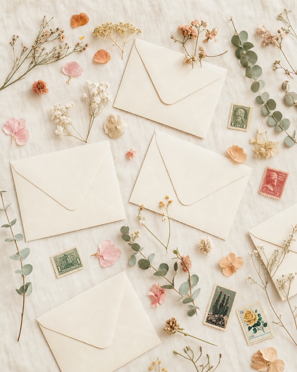 Cream-toned hand-lettered greeting cards arranged with vintage postage stamps on textured paper.